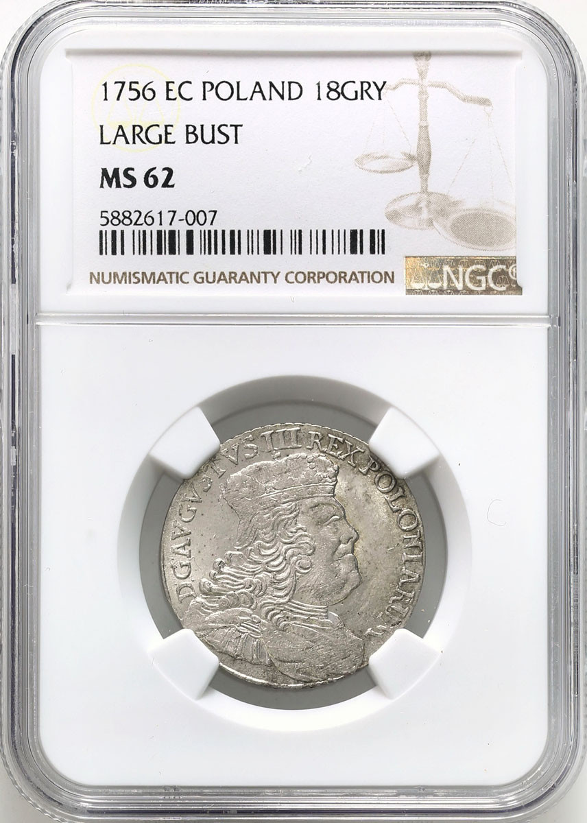 August III Sas. Ort (18 groszy) 1756 Lipsk NGC MS62 – PIĘKNY